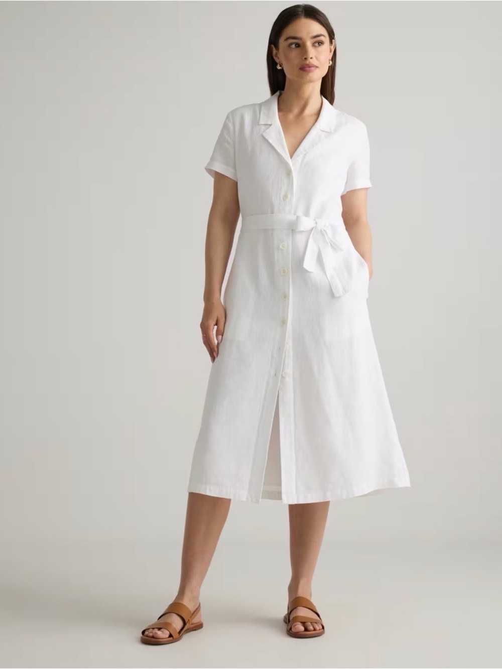 Quince 100% European Linen Button Front White Button-Front Tie-Waist Midi Dress